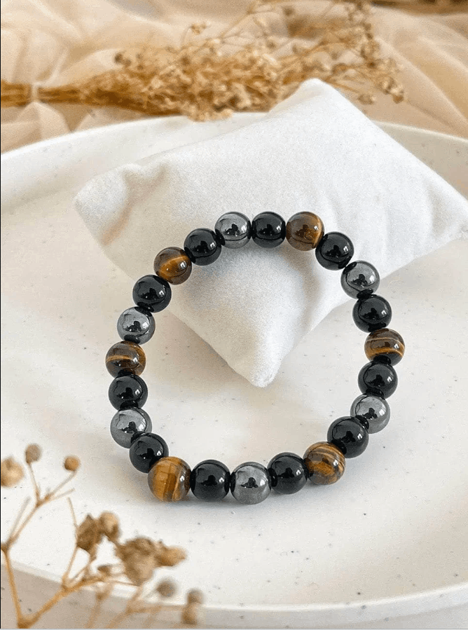 Bracelet Triple Pierre – Œil de Tigre, Hématite & Obsidienne