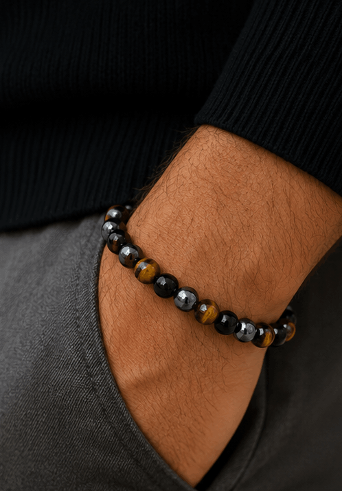 Bracelet Triple Pierre – Œil de Tigre, Hématite & Obsidienne