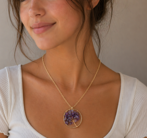 Collier Pendentif Arbre de Vie Courbé avec Pierres Colorées Naturelles – Bijou Élégant et Symbolique