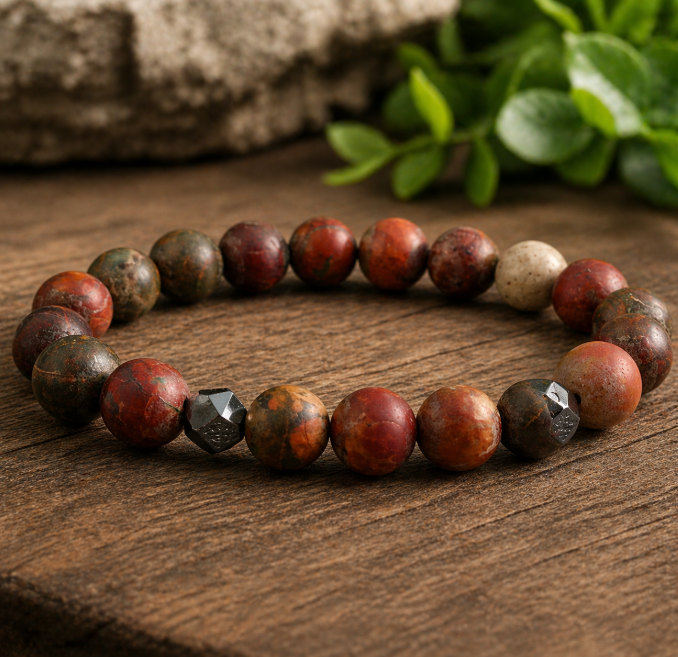 🟤 Bracelet Homme en Jaspe Picasso Mat & Hématite