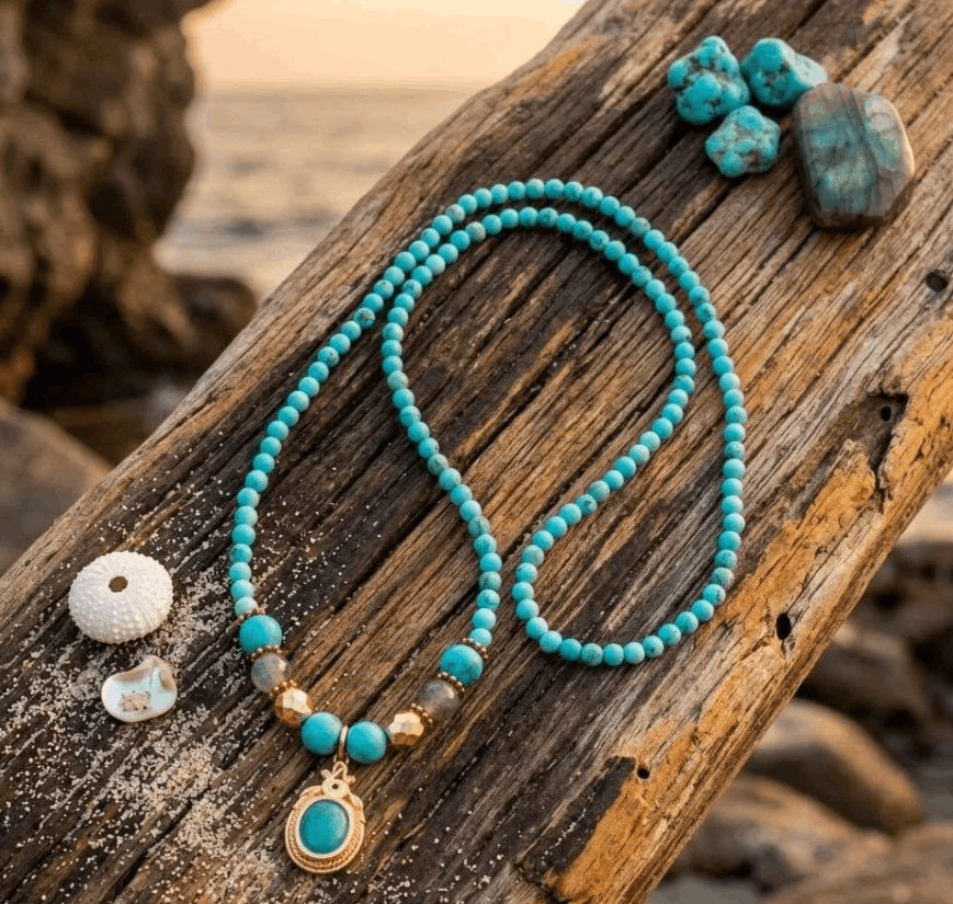 Collier Enveloppant Laguna avec Pierres de Turquoise et Labradorite – Bijou 2 en 1 Collier ou Bracelet