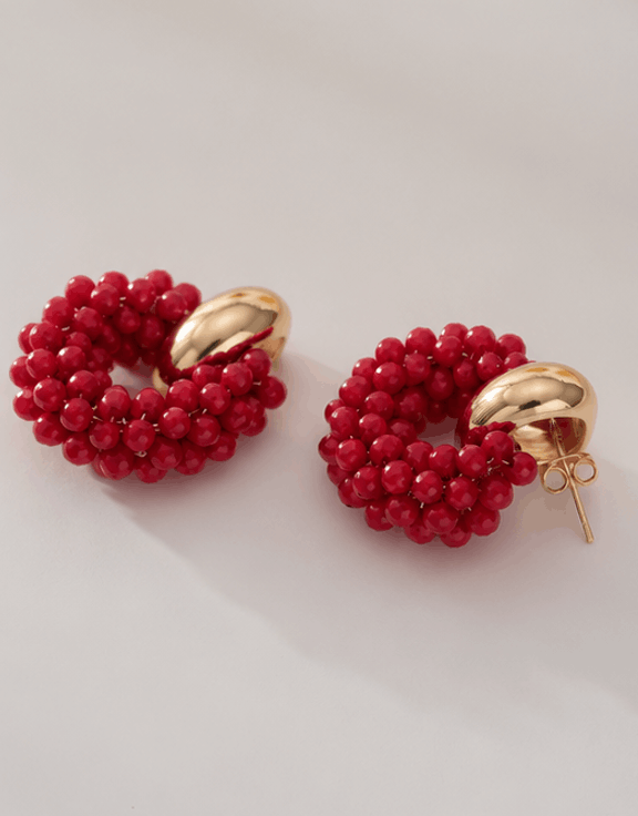 Boucles d’Oreilles Perles Rouges & Finition Dorée