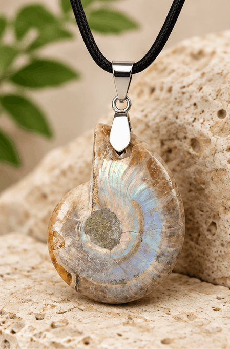 Collier Pendentif Ammonite Irisée – Élégance Naturelle