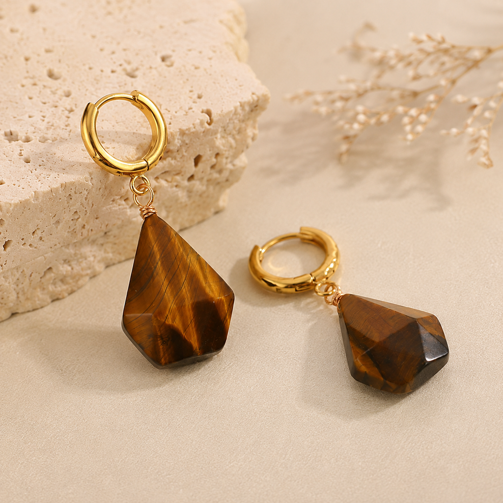 Boucles d'Oreilles Élégance – Œil de Tigre Naturel & Anneaux Dorés Zircon | Trendora