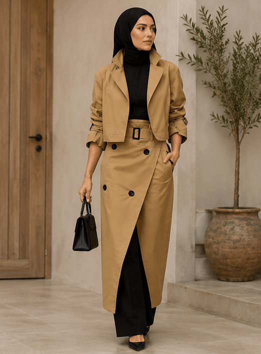 Ensemble Trench Chic 2 Pièces – Veste & Jupe Longue.