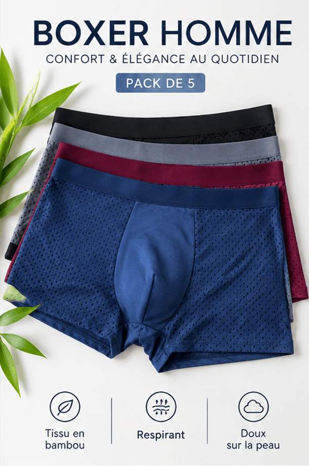 Pack de 5 Boxers Homme en Bambou Respirants – Confort &amp; Douceur au Quotidien