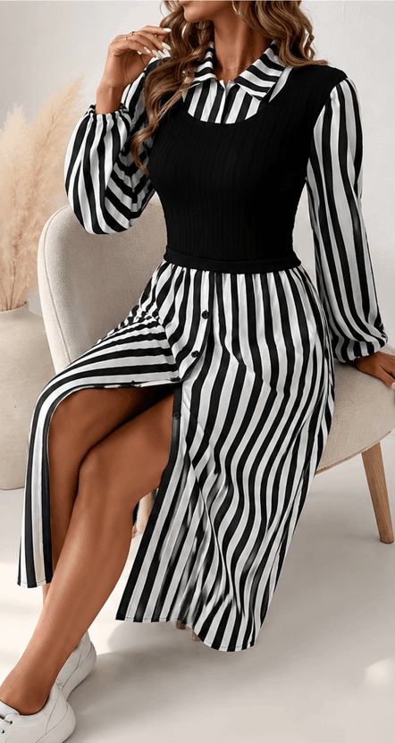 Robe Chemise Femme Rayée Noir & Camel – Élégance Chic & Moderne