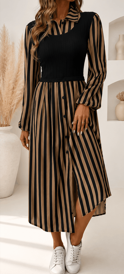 Robe Chemise Femme Rayée Noir & Camel – Élégance Chic & Moderne