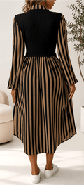Robe Chemise Femme Rayée Noir & Camel – Élégance Chic & Moderne