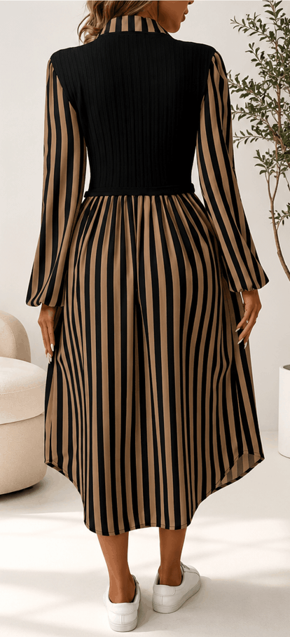 Robe Chemise Femme Rayée Noir & Camel – Élégance Chic & Moderne