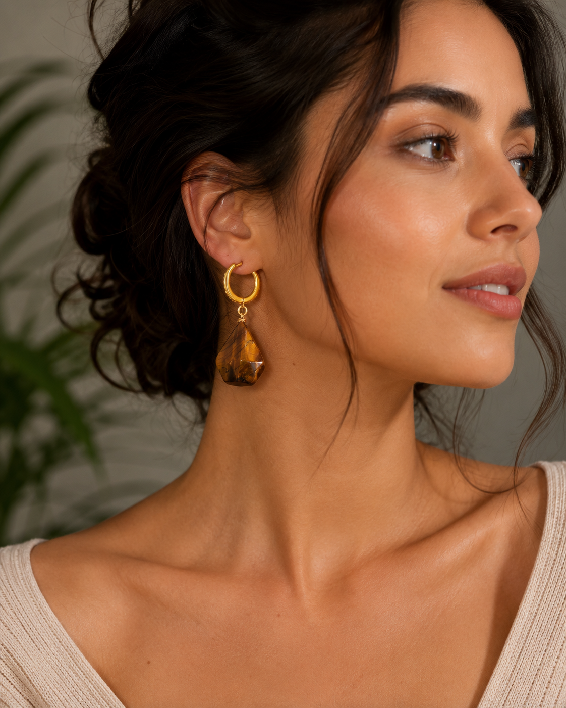 Boucles d'Oreilles Élégance – Œil de Tigre Naturel & Anneaux Dorés Zircon | Trendora