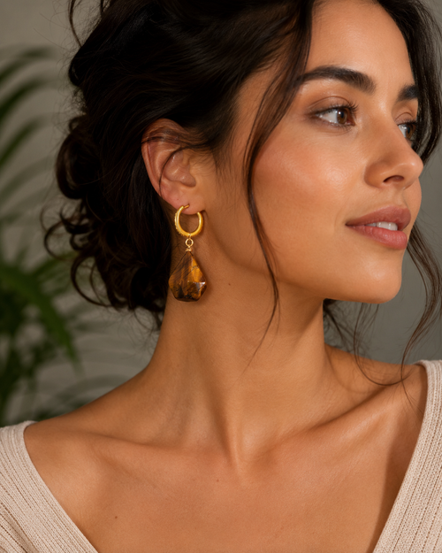 Boucles d'Oreilles Élégance – Œil de Tigre Naturel & Anneaux Dorés Zircon | Trendora