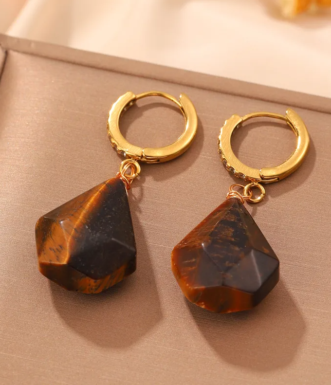 Boucles d'Oreilles Élégance – Œil de Tigre Naturel & Anneaux Dorés Zircon | Trendora